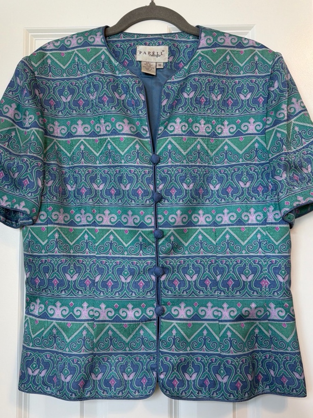 Papell Boutique Teal, Blue and Pink Geometric Button-Front Silk Top
